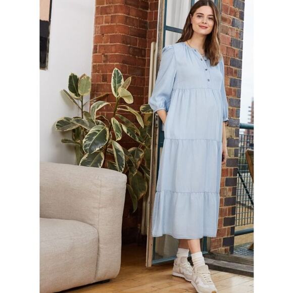 Isabella Oliver Raffa Chambray Tiered Midi Maternity Dress Blue Women's Size 4 - Picture 5 of 8